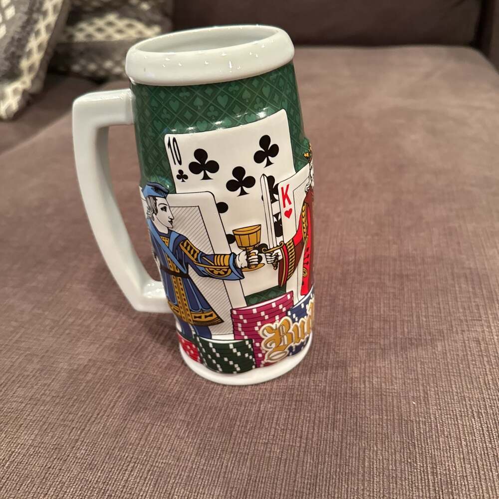 Vintage German Card Player Beer Stein Hand-painted Stoneware Pewter Lid